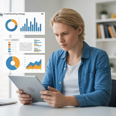 Person planning an email marketing strategy on a digital tablet with charts and graphs in the background, no text, no words, no typography, clean image