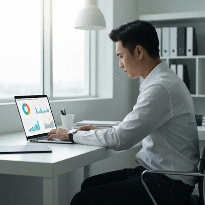 Person analyzing marketing data on a laptop