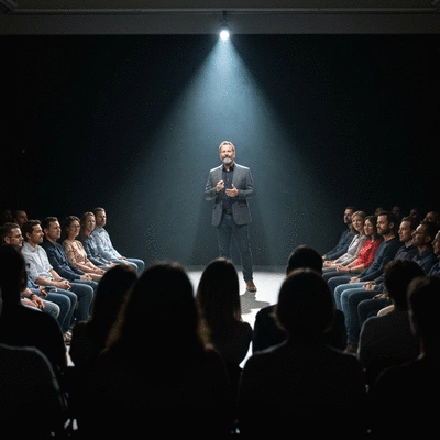 Professional speaker on stage engaging an audience, spotlight on them, representing strong personal branding