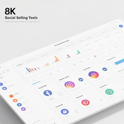 Overview of various social selling tools on a digital dashboard, clean user interface, no text, no words, no typography, no labels, clean image