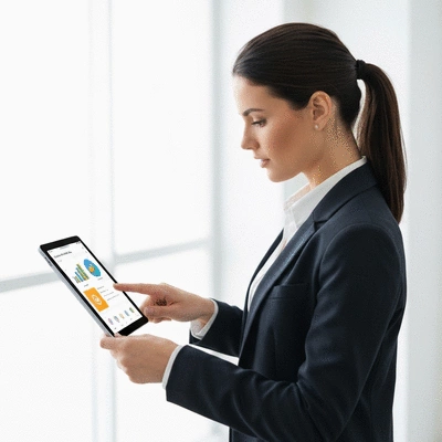 Professional using a tablet to manage social selling and CRM data, illustrating seamless integration, no text, no words, no typography, clean image