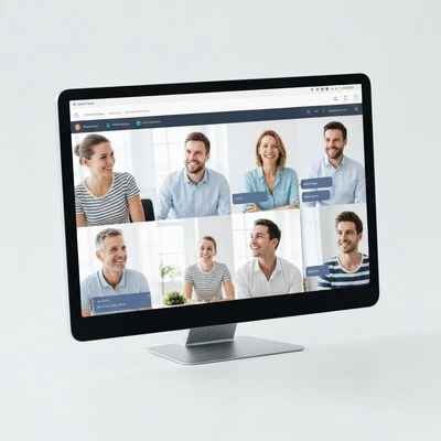 People engaging in an online webinar or virtual meeting for network marketing training