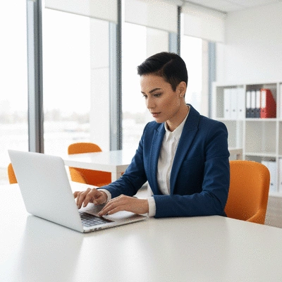 Professional network marketer engaging with audience on social media, laptop and phone in view, bright and modern office setting, no text, no words, no typography, clean image