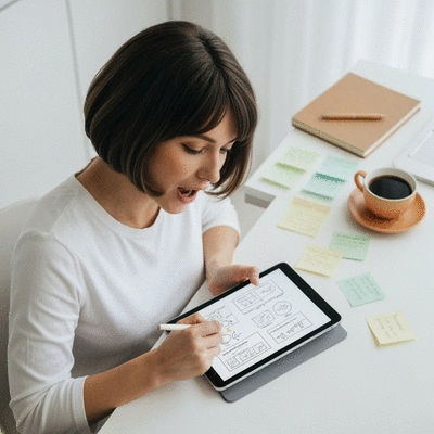 Person creating a roadmap for personal brand development on a digital tablet, surrounded by notes and a coffee cup, clean and organized