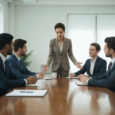 Professional woman leading an ethical network marketing team meeting, diverse group, clean office, no text, no words, no typography, clean image