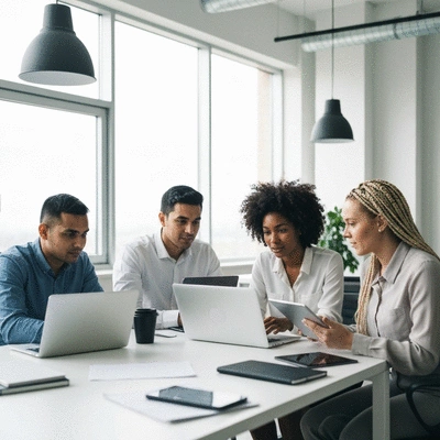 Diverse network marketing team collaborating on laptops and tablets in a modern office, showing quick response efficiency