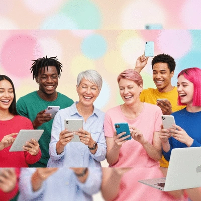 Diverse group of people interacting with a brand's social media content on various devices, smiling and engaged, clean image
