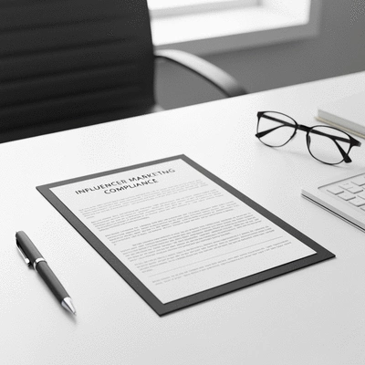 Influencer marketing compliance document with a pen and glasses, emphasizing legal aspects, clean desk, professional setting, no text, no words, no typography, 8K