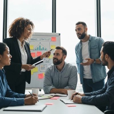 Team collaborating on brand strategy using a whiteboard