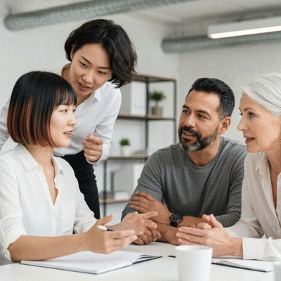 Diverse business people collaborating in a modern office, representing effective teamwork and communication