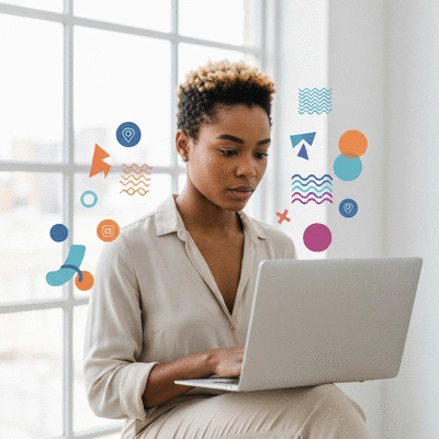 Professional woman creating a personal brand visual identity on a laptop, with design elements floating around her, no text, no words, no typography, 8K