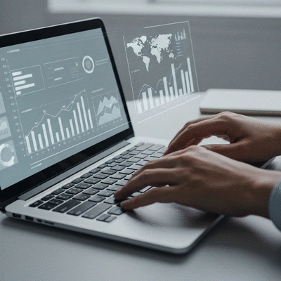 Close-up of a person's hands typing on a laptop with abstract data visualization