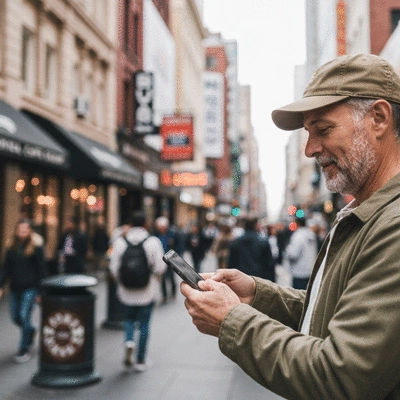 Person using a smartphone to search for local businesses, with map and business listings on screen.