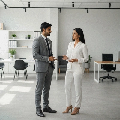 Professional demonstrating effective follow-up techniques with a client in a modern office setting