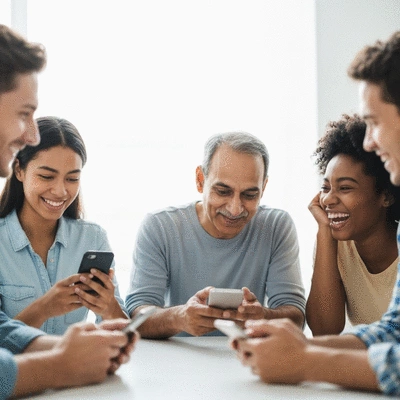 Diverse group of people connecting on social media platforms, showing genuine interaction and relationship building