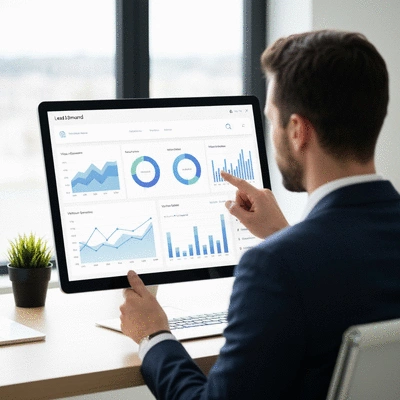 Professional looking at a dashboard with various graphs and charts related to lead generation and visitor analytics