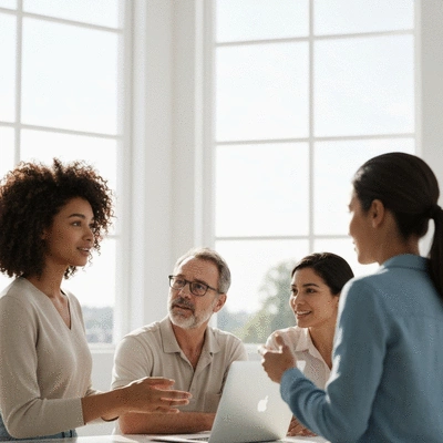 People discussing product recommendations in a friendly group setting