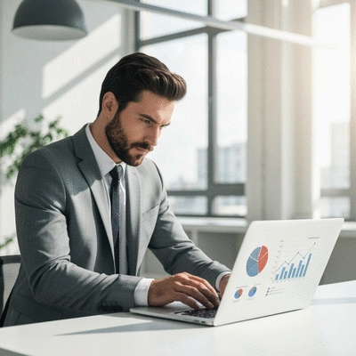 Professional man working on laptop with charts, representing business growth