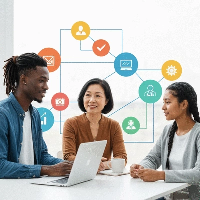 Diverse group of people collaborating and networking online, symbolizing community building in social selling