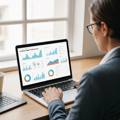 Person analyzing landing page performance data on a laptop, with charts and graphs on screen, clean image, no text, no words, no typography, no labels