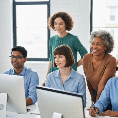 Diverse group of professionals collaborating on social media content, showing engagement and interaction