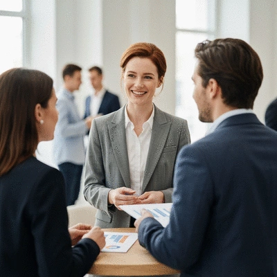 Professional woman engaging with potential clients at a modern networking event, bright and inviting atmosphere, no text, no words, no typography, 8K