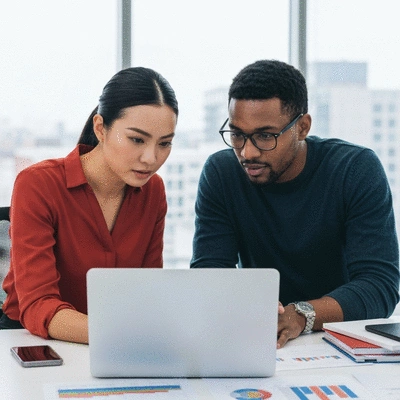 Two people collaborating on a laptop, discussing marketing strategies, bright office environment, clean image, no text, no words, no typography, no labels