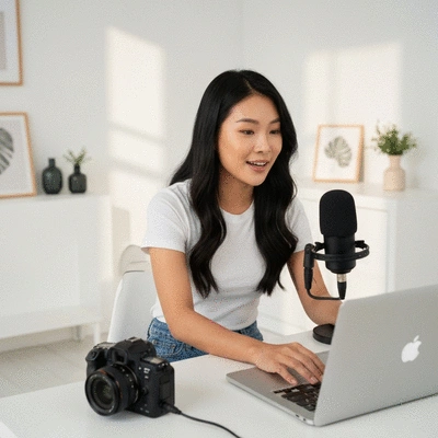 Person creating video content on a laptop with a modern microphone and camera in a home studio setting