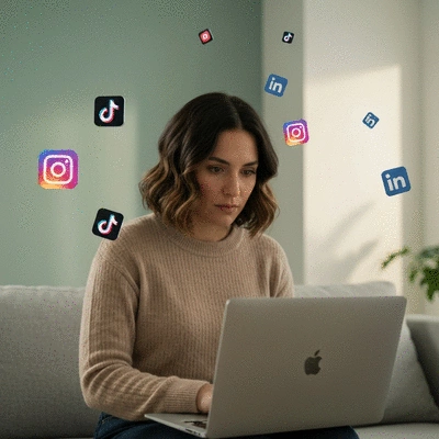 Person using a laptop with social media icons floating around, representing social selling strategy