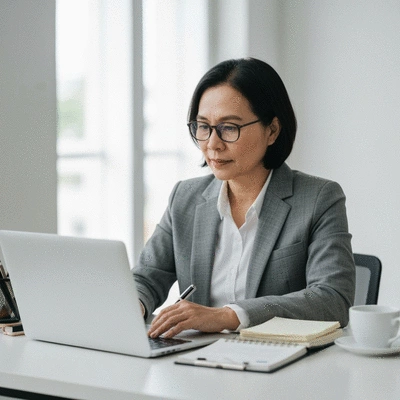 Online entrepreneur working on personal branding strategy on a laptop, with notes and coffee
