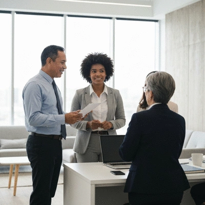 Diverse group of professionals collaborating and networking in a modern office setting