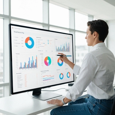 Person analyzing social media data on a large screen with charts and graphs, representing social listening