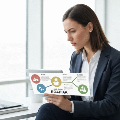 Person looking at a roadmap on a tablet, symbolizing a journey or steps to success in social selling