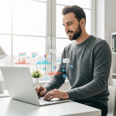 Person creating video content on a laptop, with graphic elements representing engagement and conversions floating around