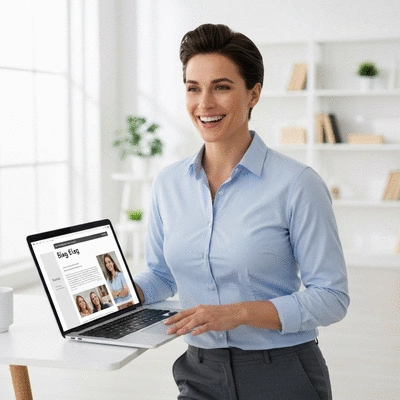 Network marketer engaging with an audience through a blog post on a laptop