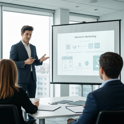 Network marketer presenting to a small group in a modern setting, no text, no words, no typography, clean image