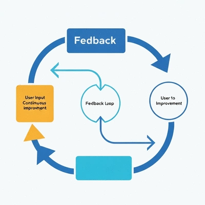 Diagram illustrating a feedback loop with arrows, showing continuous improvement based on user input, no text, no words, no typography, 8K