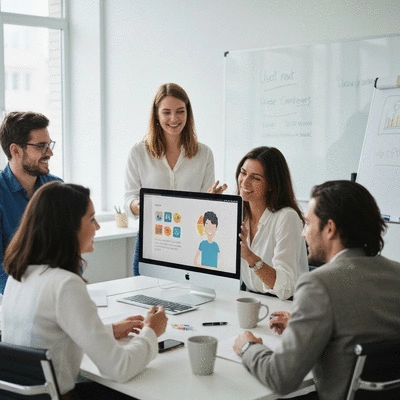 Team of marketers collaborating on a UGC strategy, using a whiteboard and digital tools, professional setting, clean image