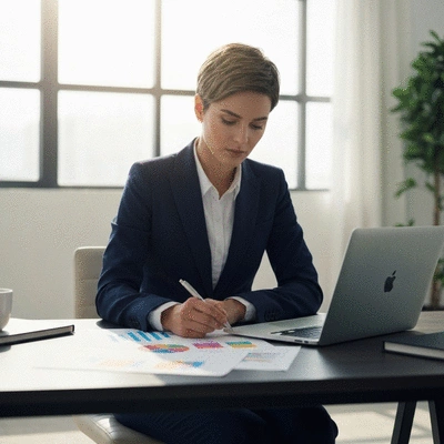Professional woman strategizing at a desk with a laptop and charts, representing target audience analysis
