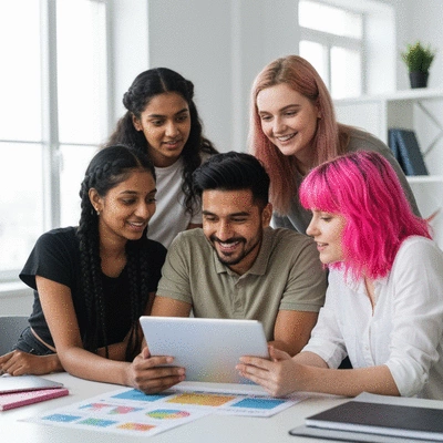 Diverse group of young professionals collaborating on a social media marketing campaign, looking at a tablet and sharing ideas, modern office setting, bright and engaging, no text, no words, no typography, 8K
