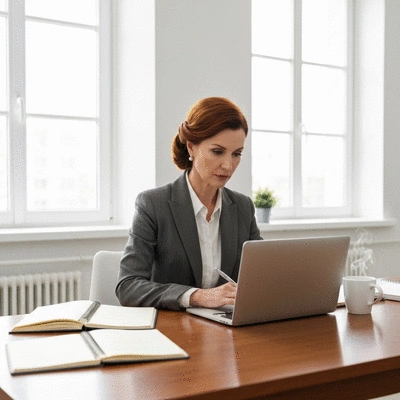 Professional woman strategizing her personal brand on a laptop in a modern office setting