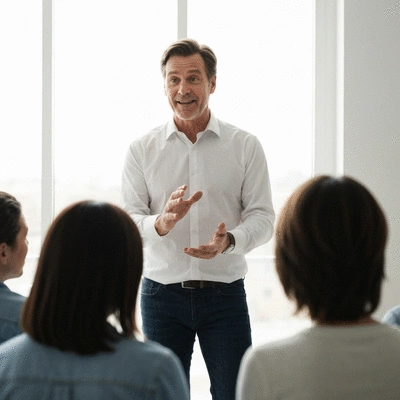 Person telling a story to an engaged audience, representing emotional connection and trust