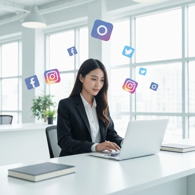 Person using a laptop with social media icons around them, depicting successful social selling