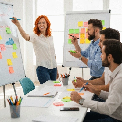 Diverse team collaborating on a marketing strategy in a modern office, using sticky notes and whiteboards
