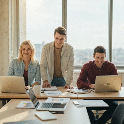 Happy network marketing team collaborating on laptops and tablets in a modern office, clean image