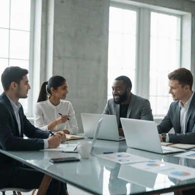 Diverse business professionals brainstorming future social media strategies in a modern office