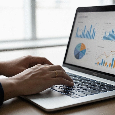 Close-up of hands typing on a laptop keyboard, with a background of business graphs and charts, clean image, no text