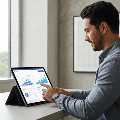 Modern business dashboard displaying predictive analytics data on a tablet, with a person interacting with it in a professional setting.
