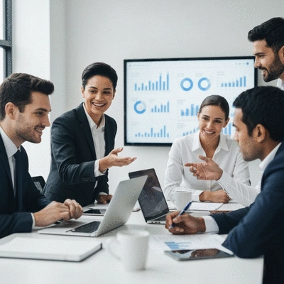 Business professionals collaborating and discussing data, symbolizing effective social selling strategies