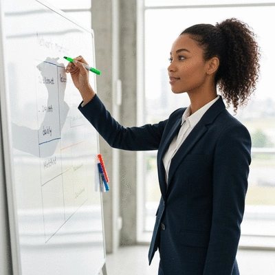 Network marketer planning their daily method of operation on a whiteboard